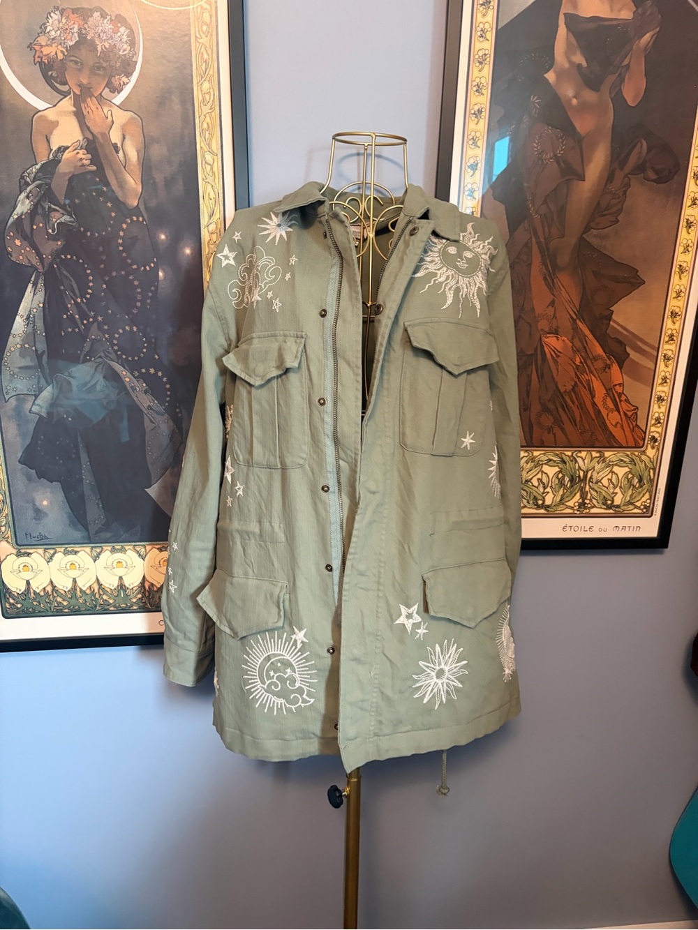 Johnny Was Olive Green Utility Jacket with White Celestial Embroidery